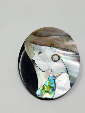 Vintage Style Mother of Pearl Woman Face Brooch Large Round Statement Pin